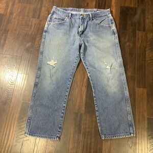 Wrangler Regular Fit Jeans Mens 35x30 Light Wash Distressed Denim 965T1MR